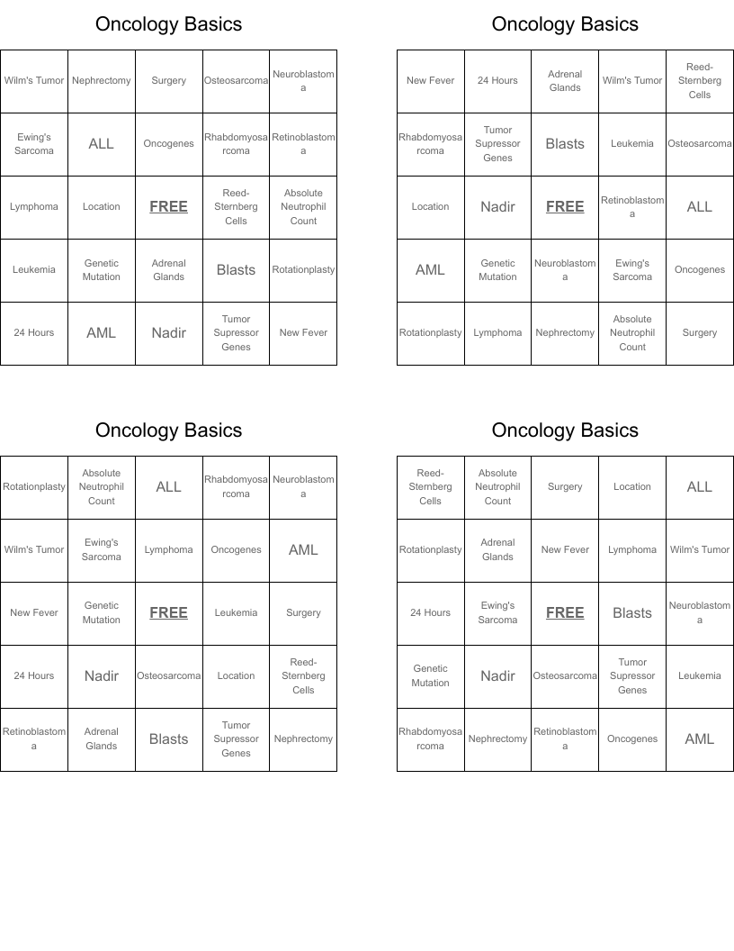 Oncology Basics Bingo Cards