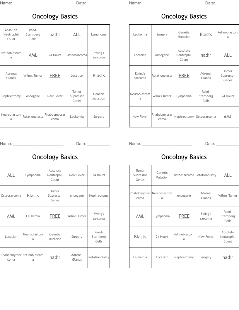 Oncology Basics Bingo Cards