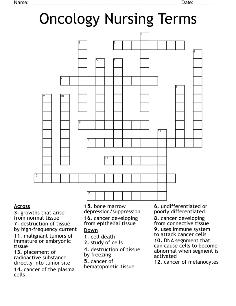 Oncology Nursing Terms Crossword