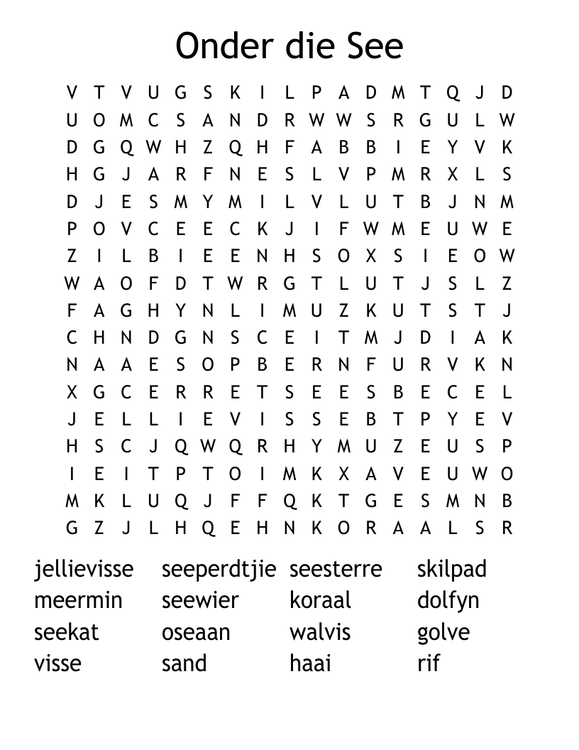 Onder die See Word Search