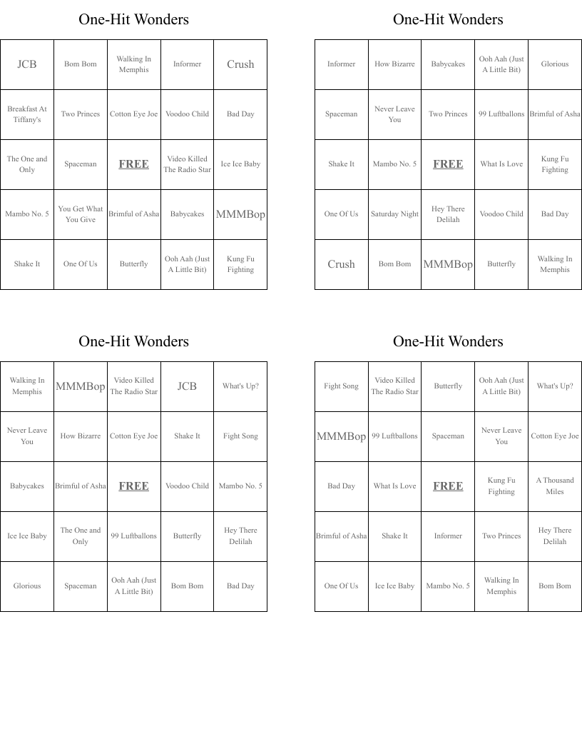 One-Hit Wonders Bingo Cards