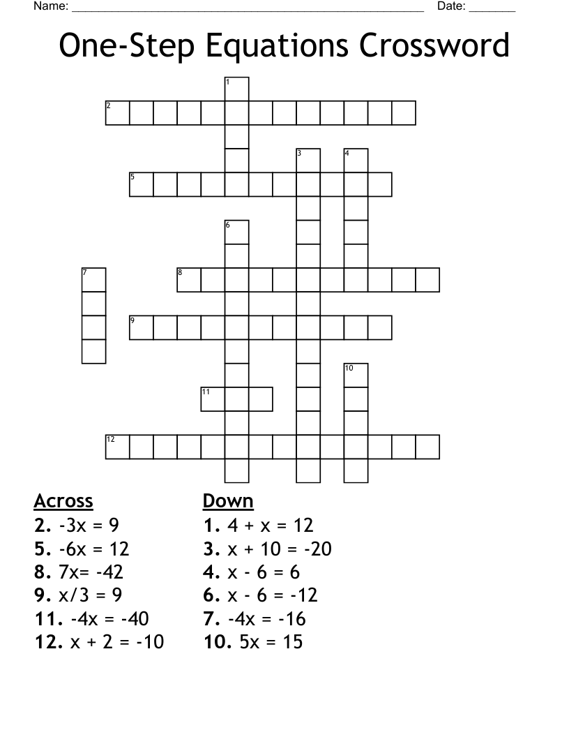 One-Step Equations Crossword