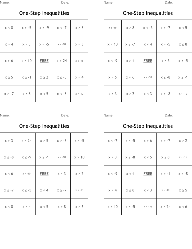 One-Step Inequalities Bingo Cards