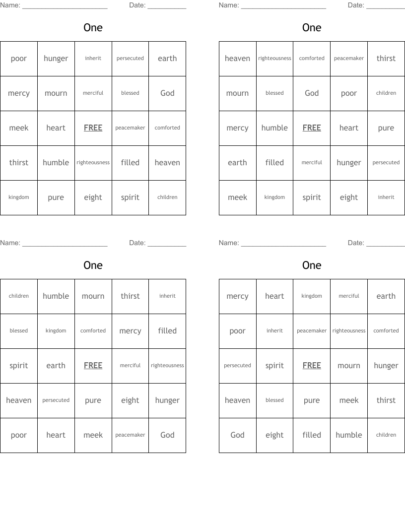 One Bingo Cards