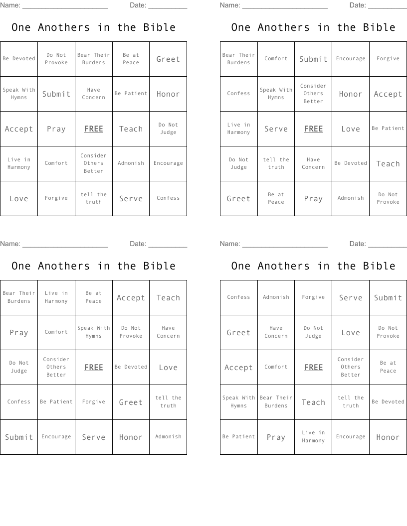 One Anothers in the Bible Bingo Cards