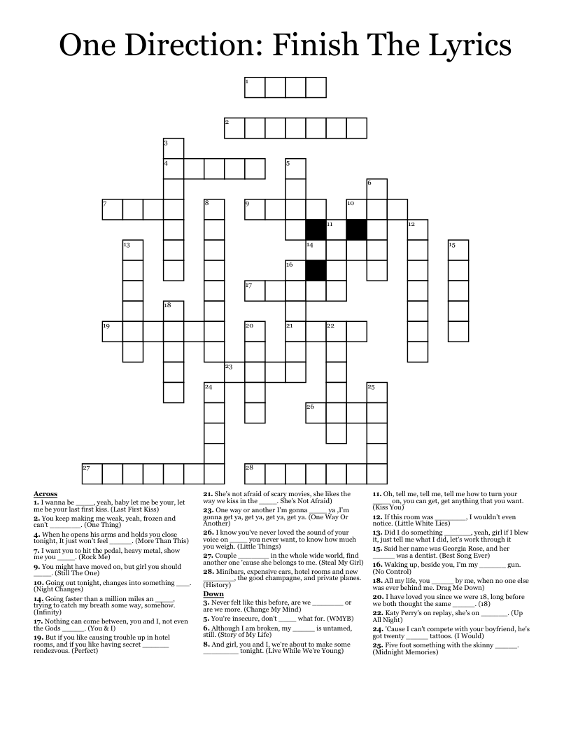 One Direction: Finish The Lyrics Crossword