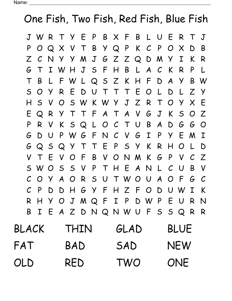 One Fish, Two Fish, Red Fish, Blue Fish Word Search
