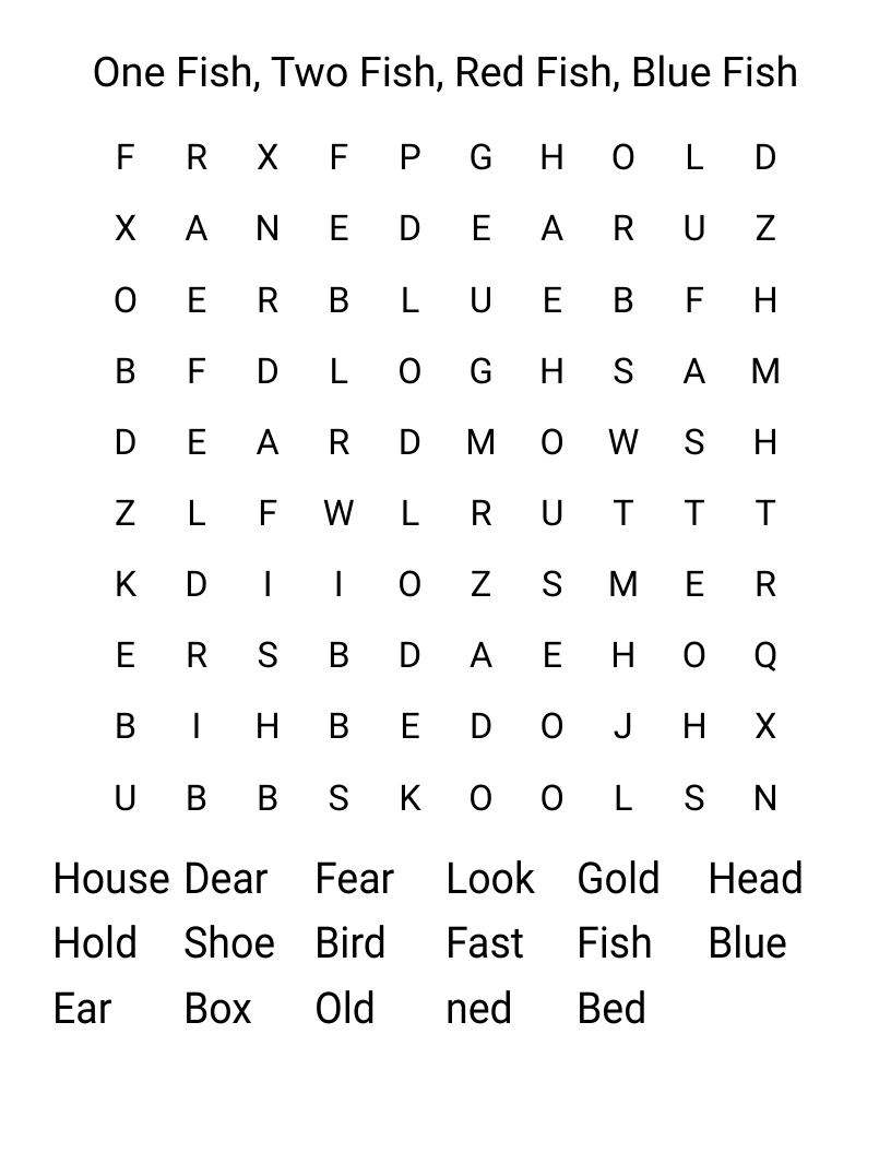 One Fish, Two Fish, Red Fish, Blue Fish Word Search