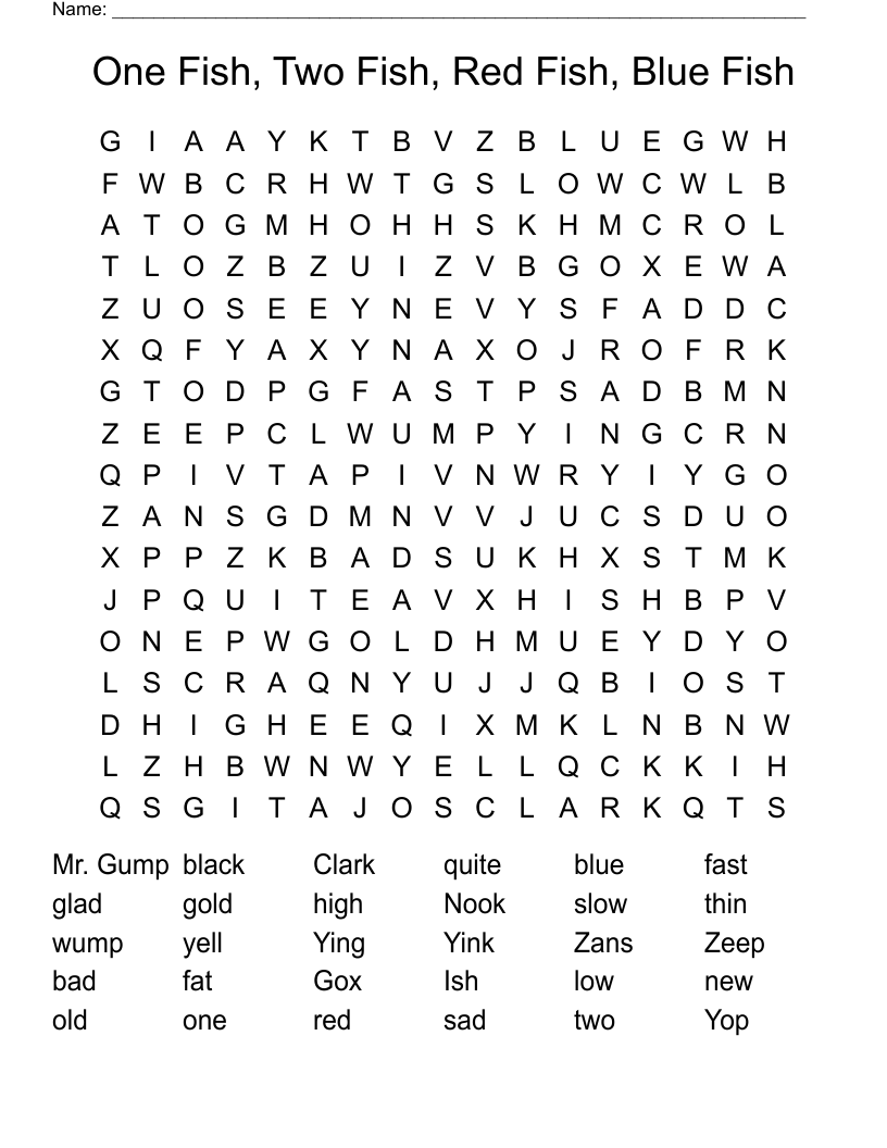 One Fish, Two Fish, Red Fish, Blue Fish Word Search
