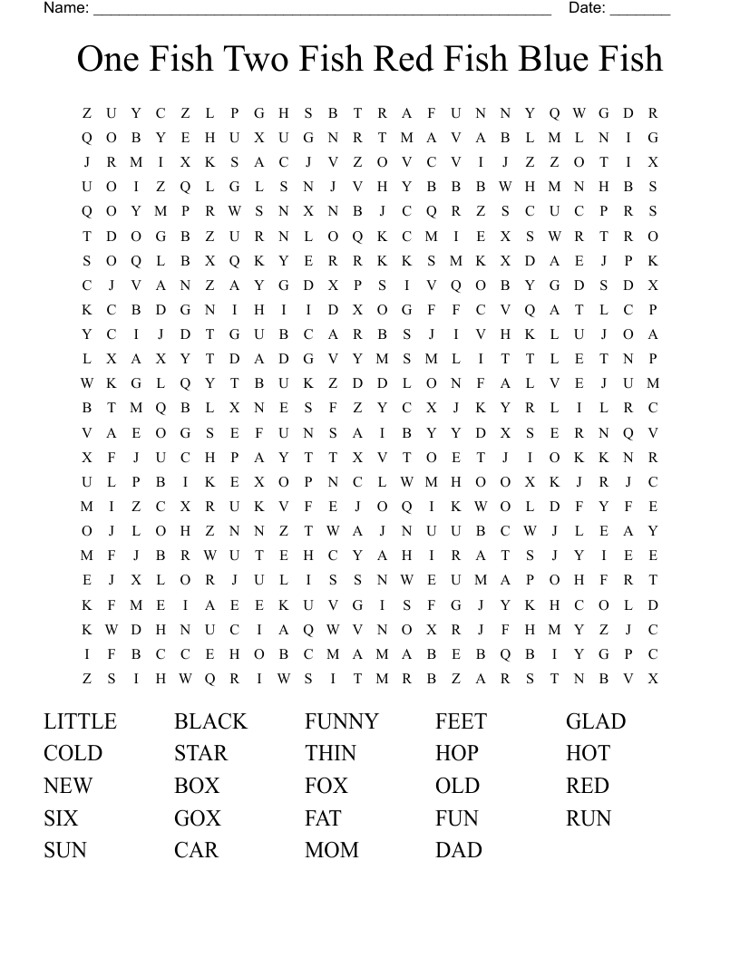 One Fish Two Fish Red Fish Blue Fish Word Search