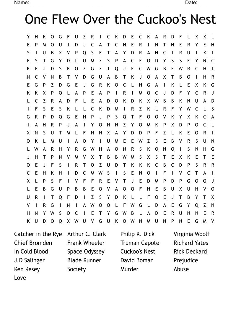 One Flew Over the Cuckoo's Nest Word Search