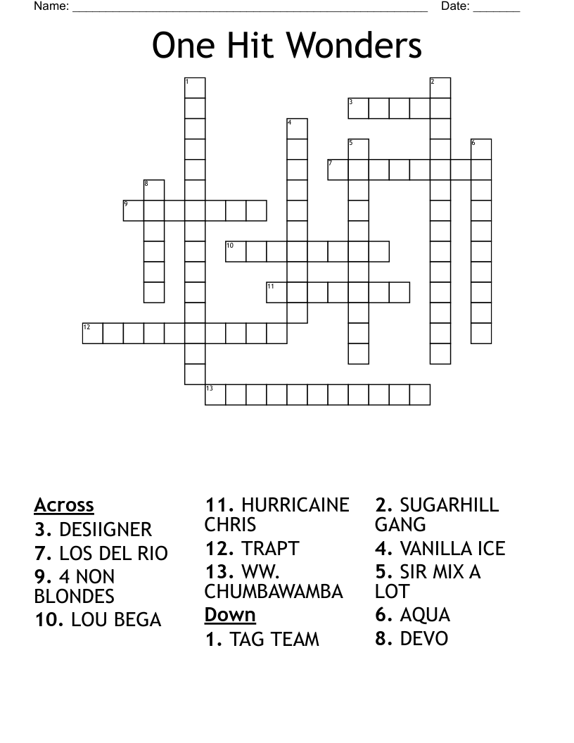 One Hit Wonders Crossword