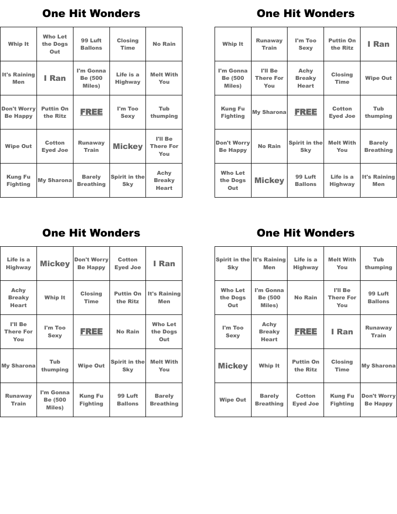 One Hit Wonders Bingo Cards
