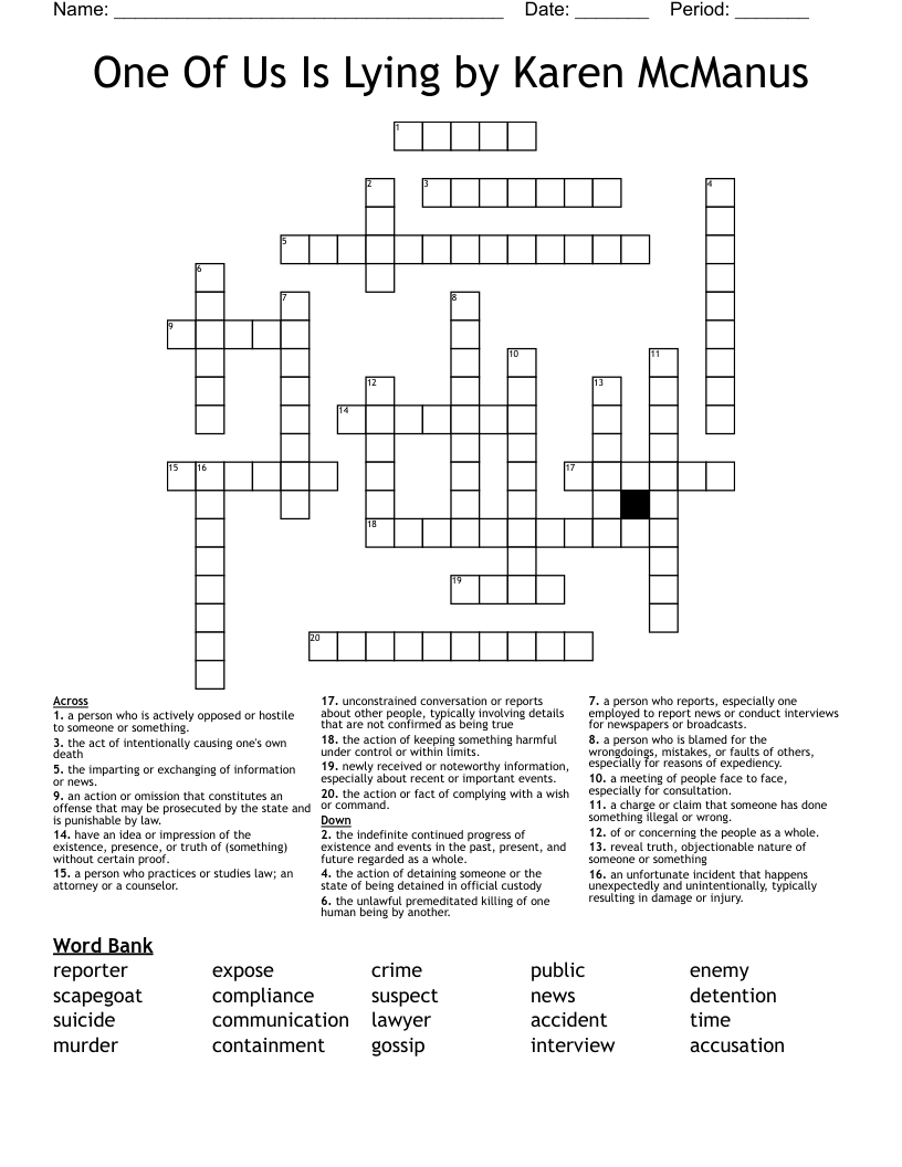 One Of Us Is Lying by Karen McManus Crossword