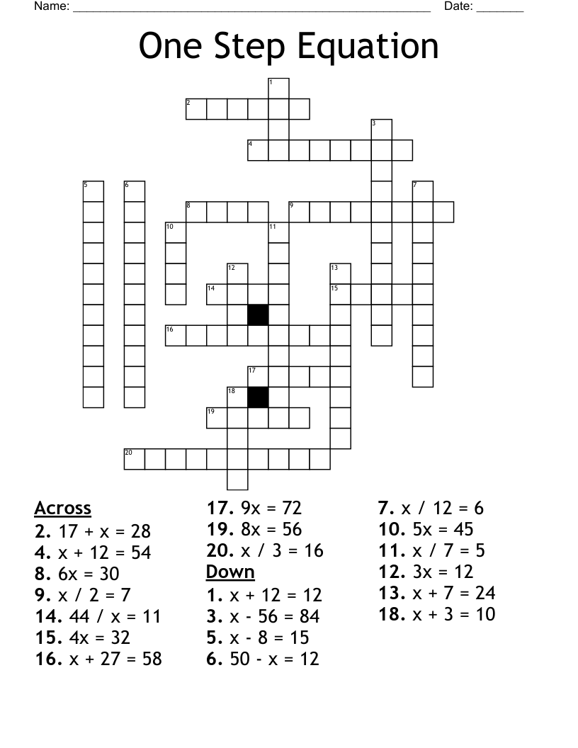 One Step Equation  Crossword