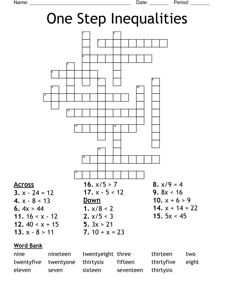 One Step Inequalities Crossword
