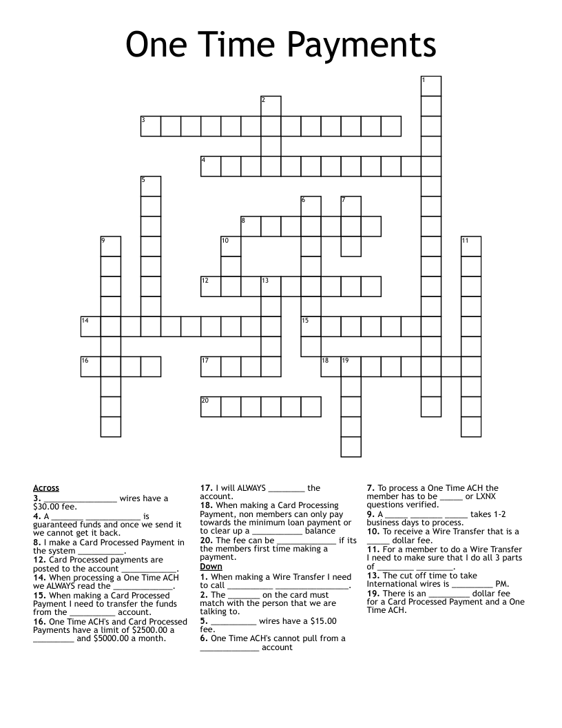 One Time Payments Crossword
