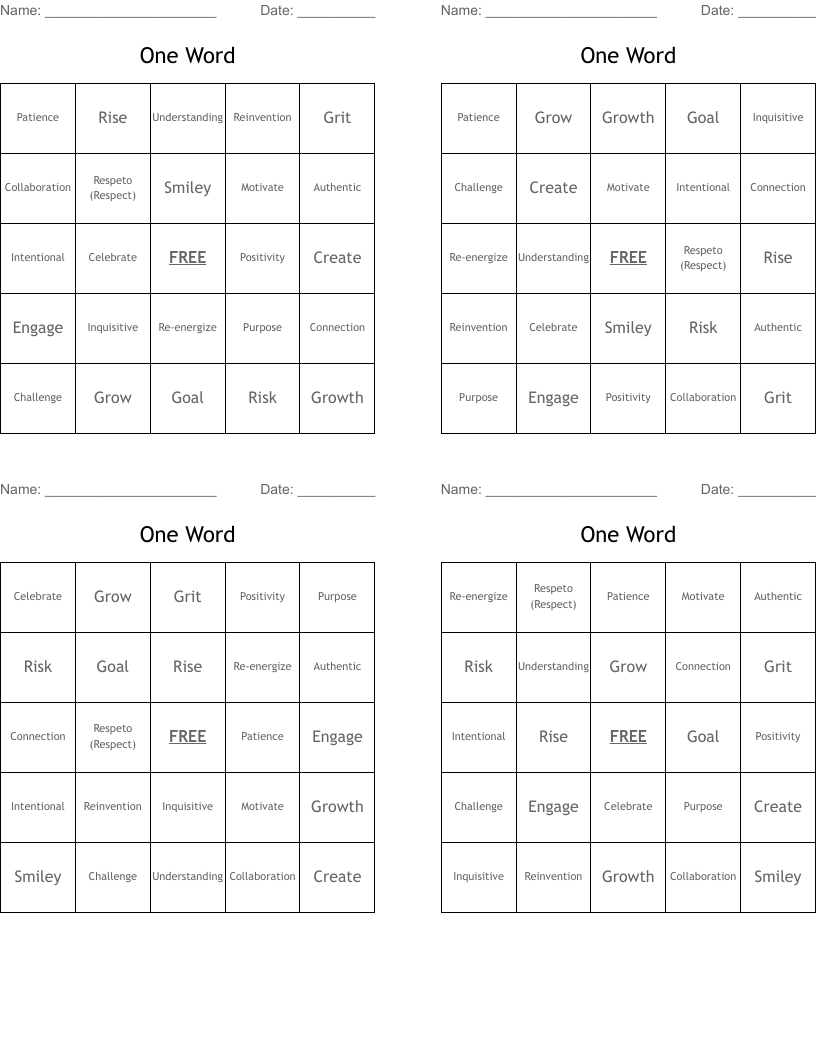 One Word Bingo Cards