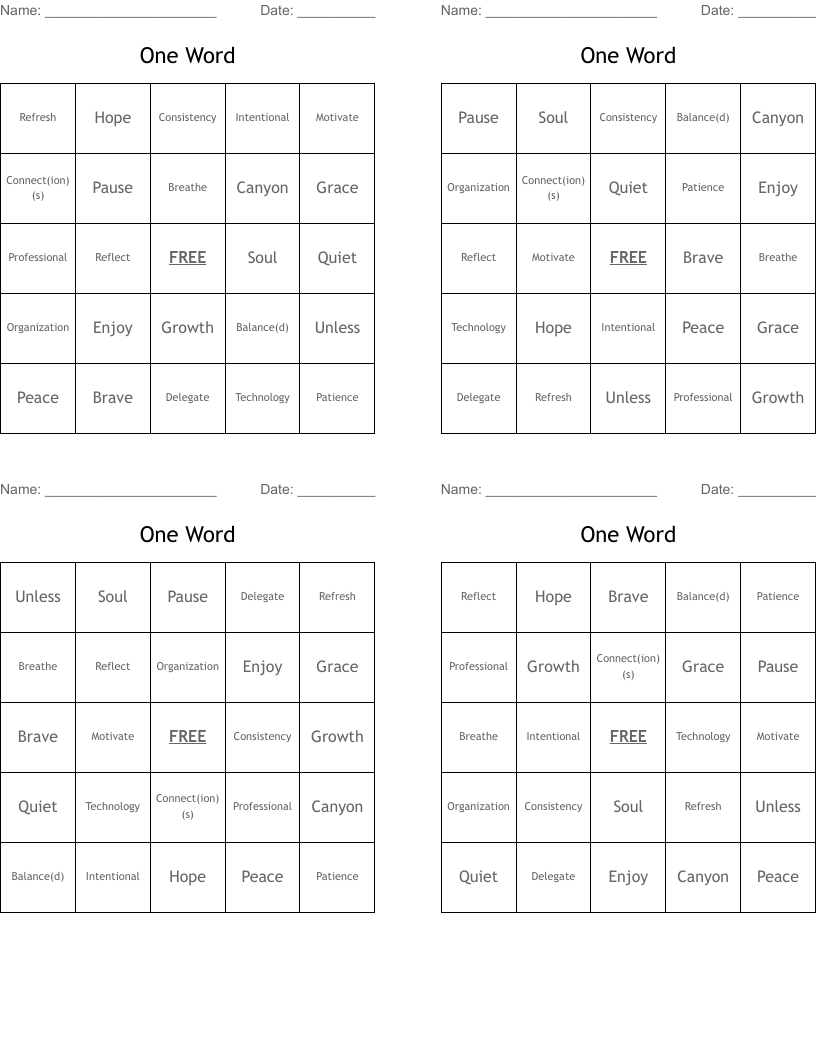 One Word Bingo Cards
