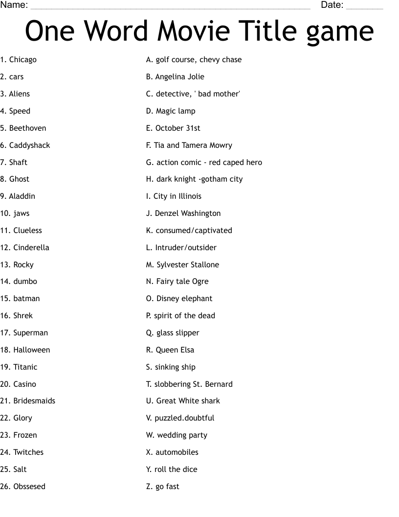 One Word Movie Title game Worksheet