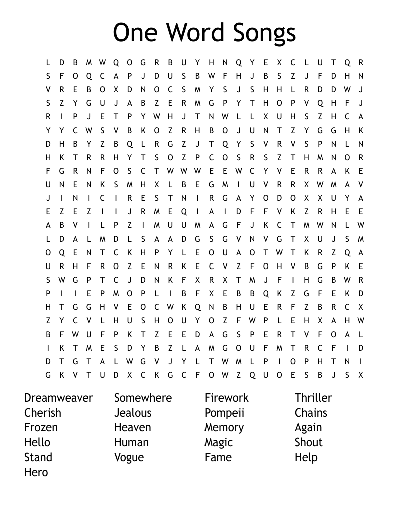 One Word Songs Word Search