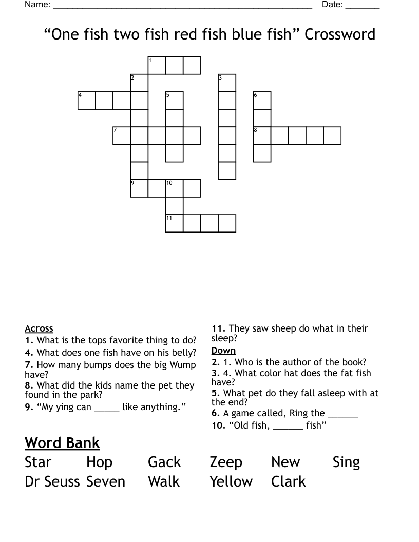 “One fish two fish red fish blue fish” Crossword