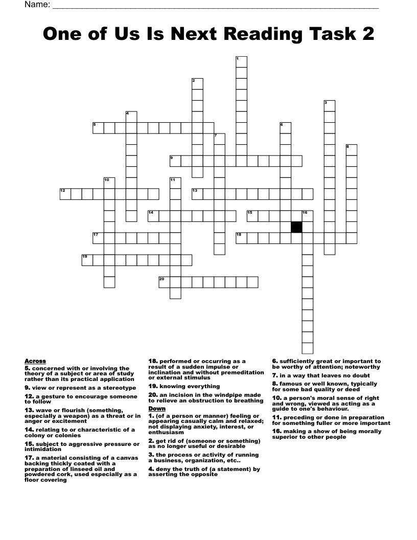 One of Us Is Next Reading Task 2 Crossword