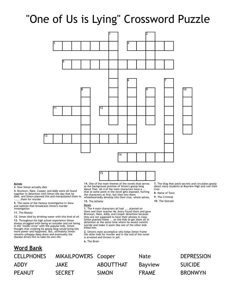 "One of Us is Lying" Crossword Puzzle 