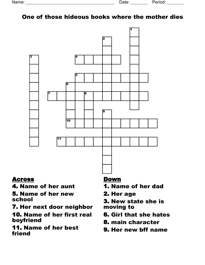 One of those hideous books where the mother dies  Crossword