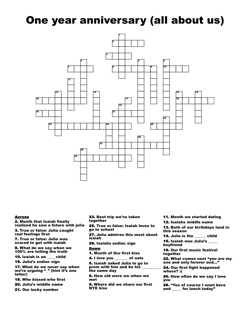 One year anniversary (all about us) Crossword