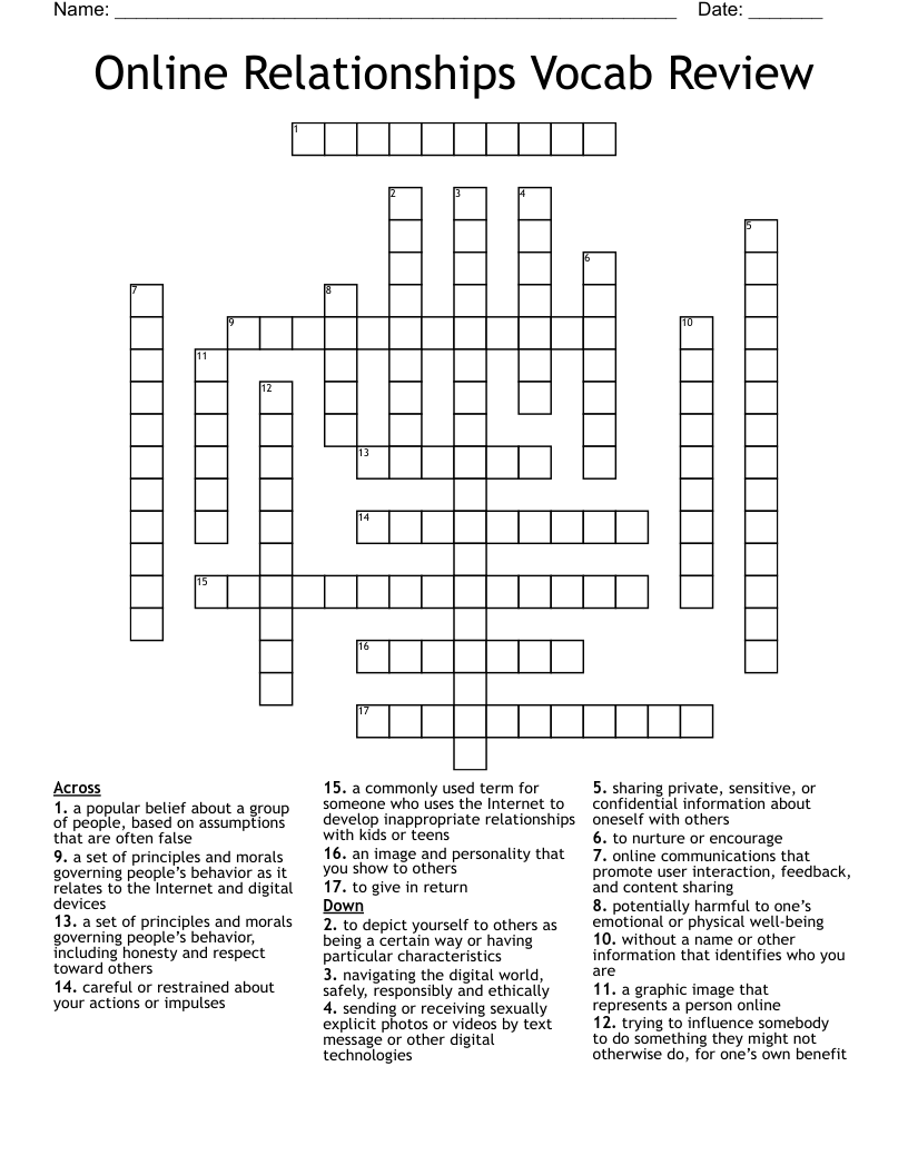 Online Relationships Vocab Review Crossword