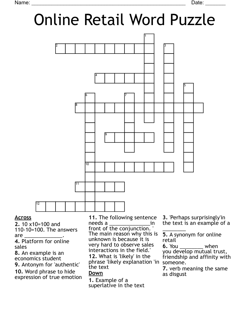 Online Retail Word Puzzle Crossword