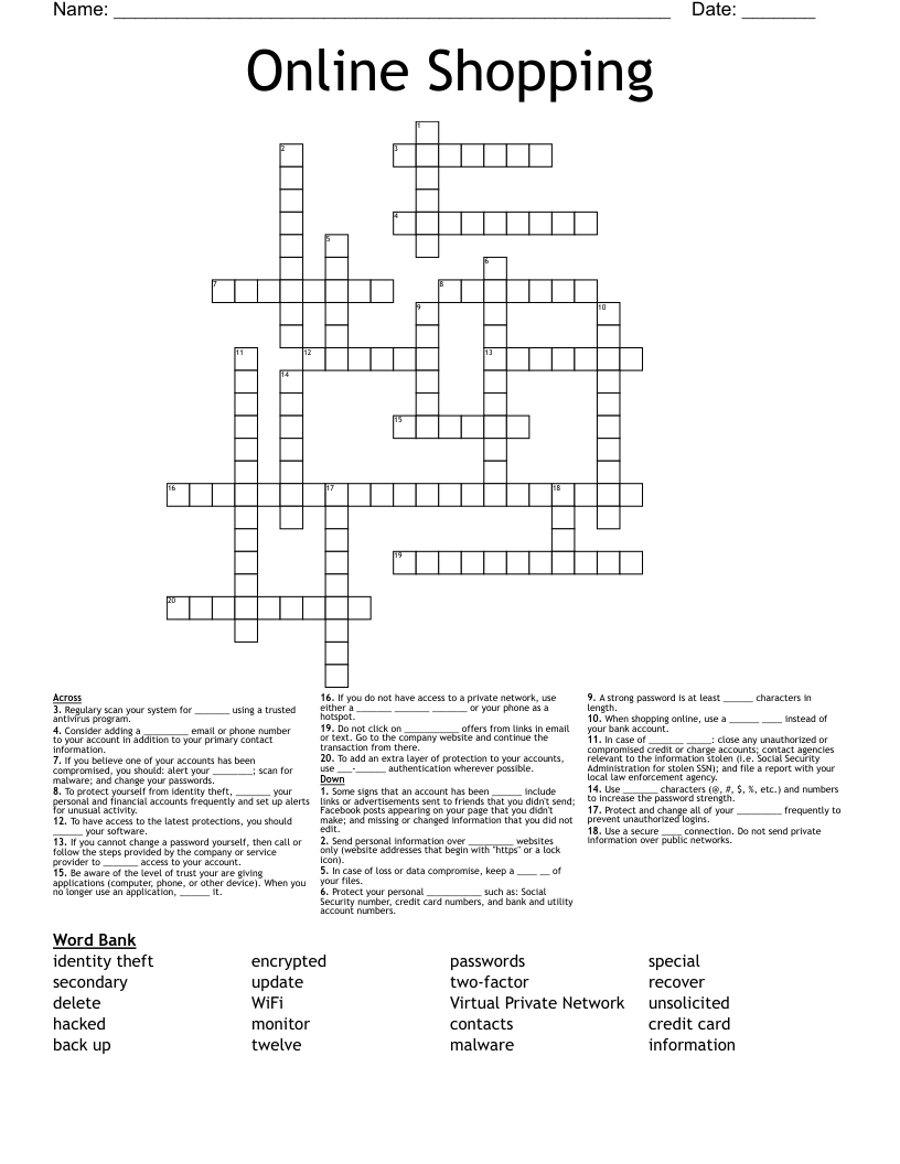 Online Shopping Crossword