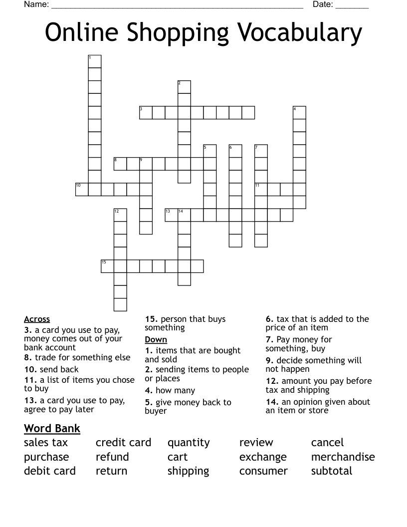 Online Shopping Vocabulary Crossword