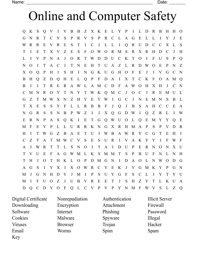 Online and Computer Safety Word Search