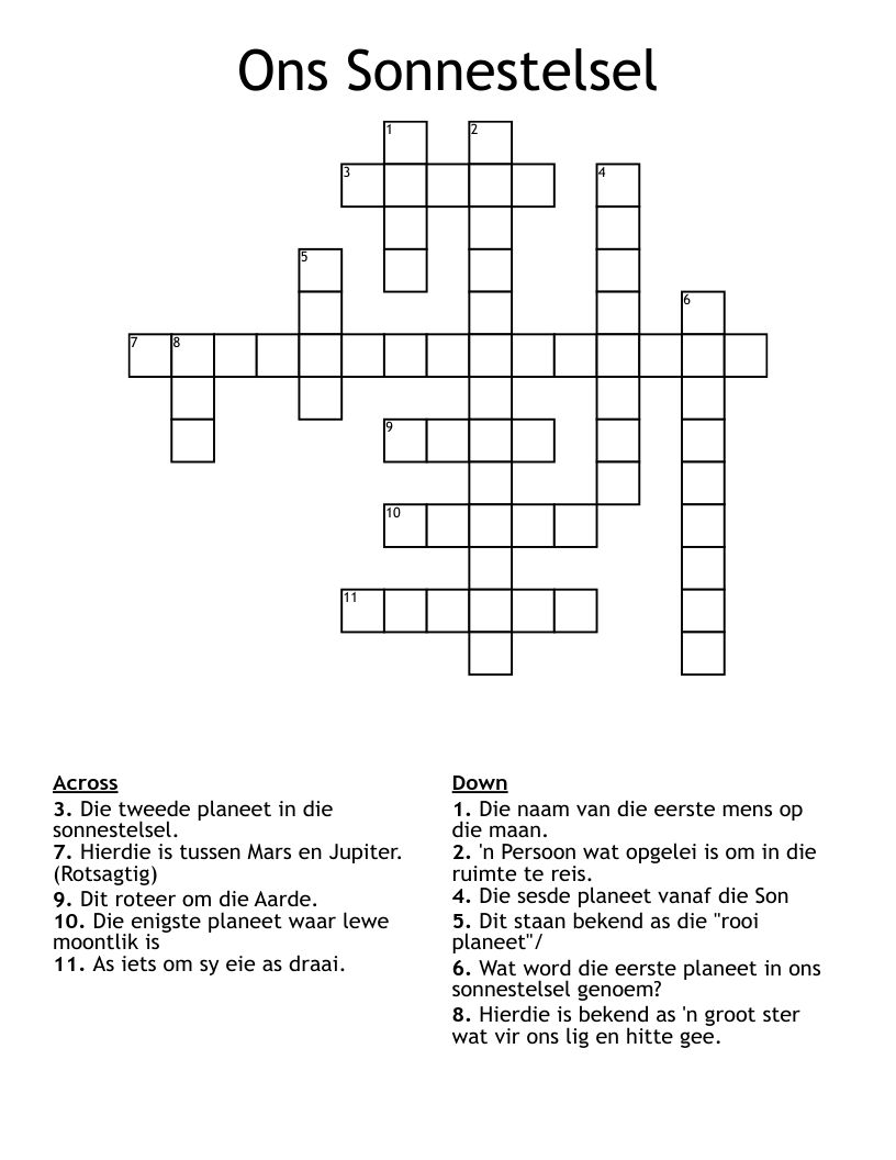 Ons Sonnestelsel Crossword
