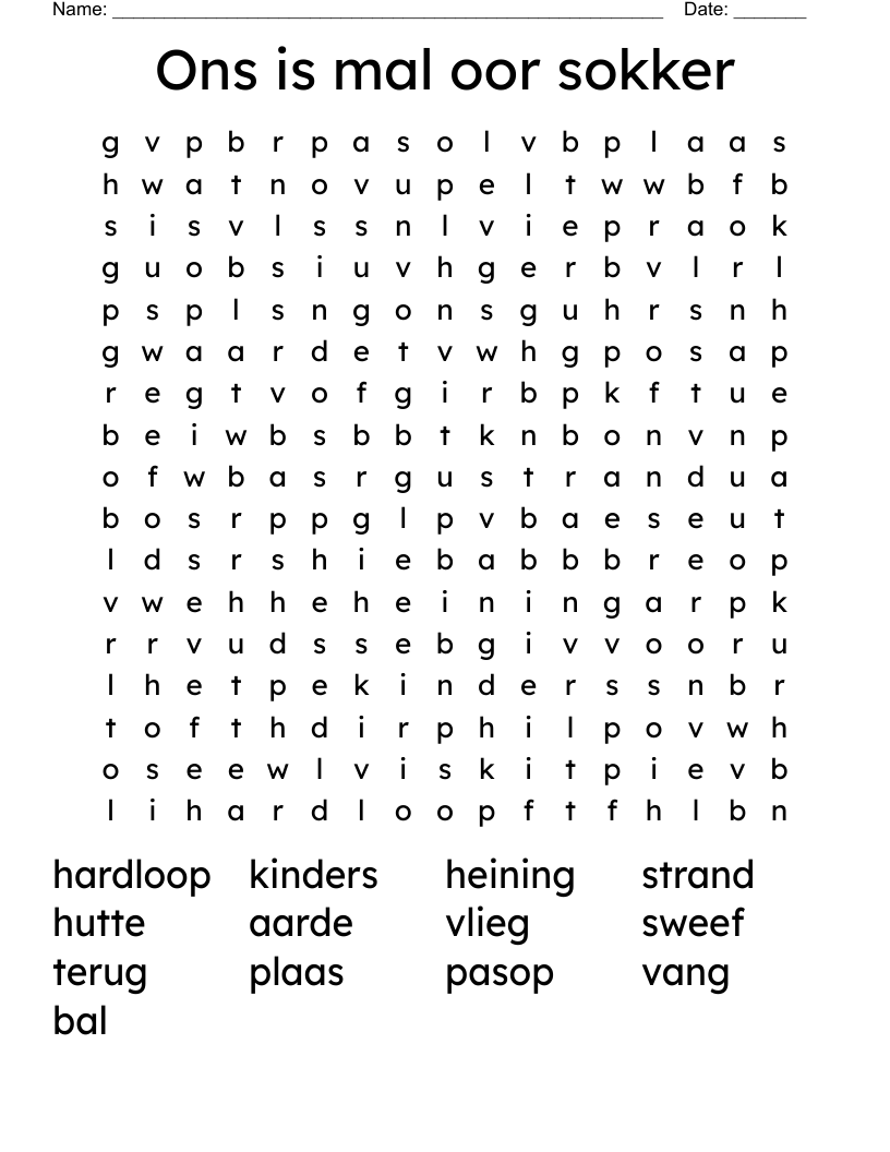 Ons is mal oor sokker Word Search