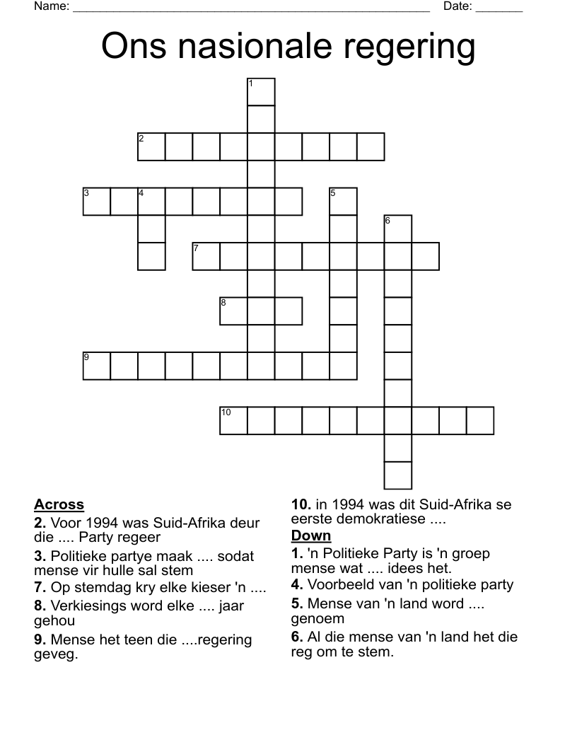 Ons nasionale regering Crossword