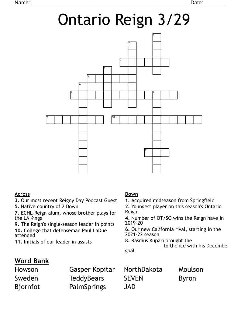 Ontario Reign 3/29 Crossword