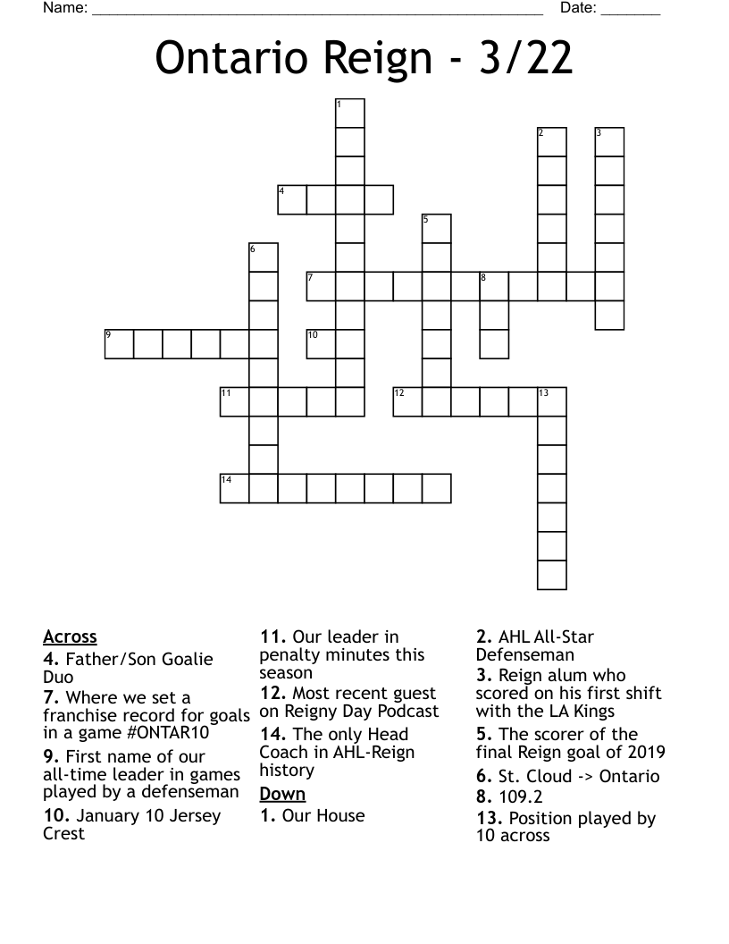 Ontario Reign - 3/22 Crossword