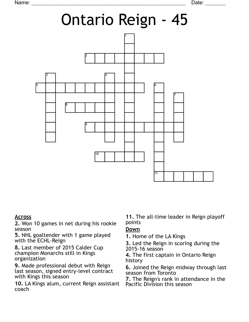 Ontario Reign - 45 Crossword