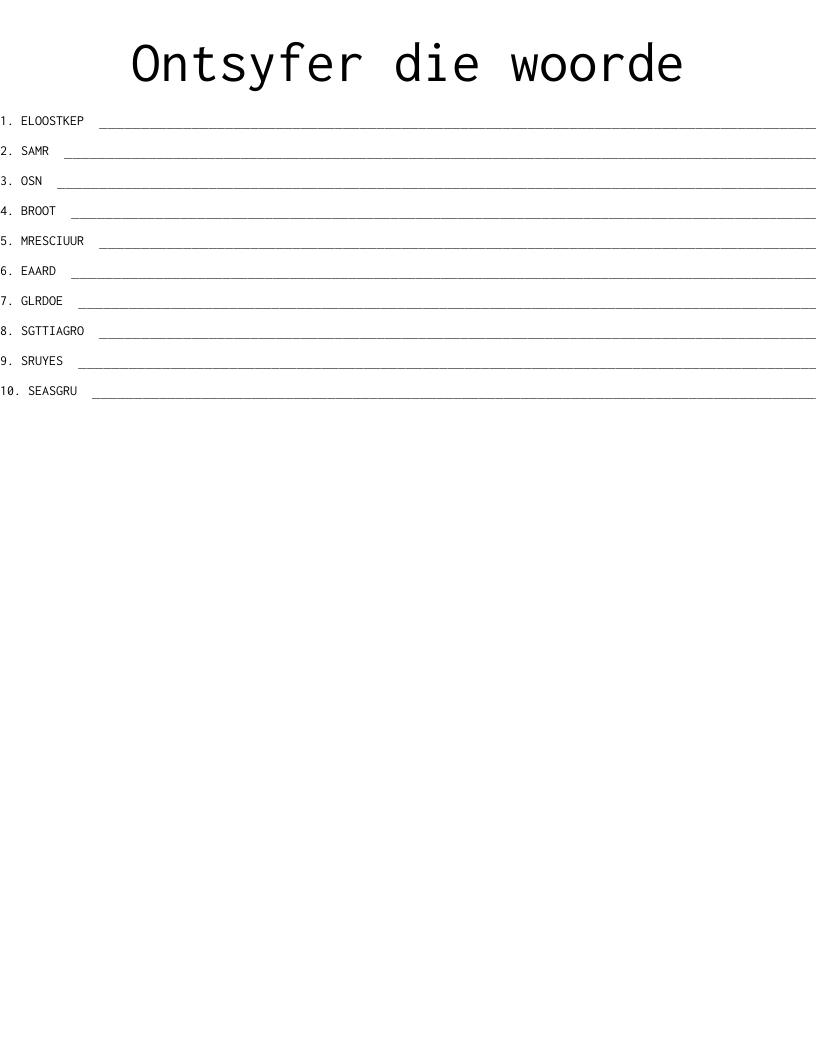 Ontsyfer die woorde Word Scramble