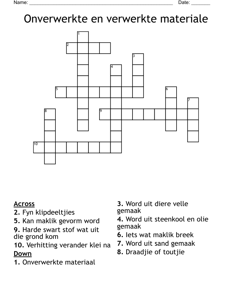 Onverwerkte en verwerkte materiale Crossword