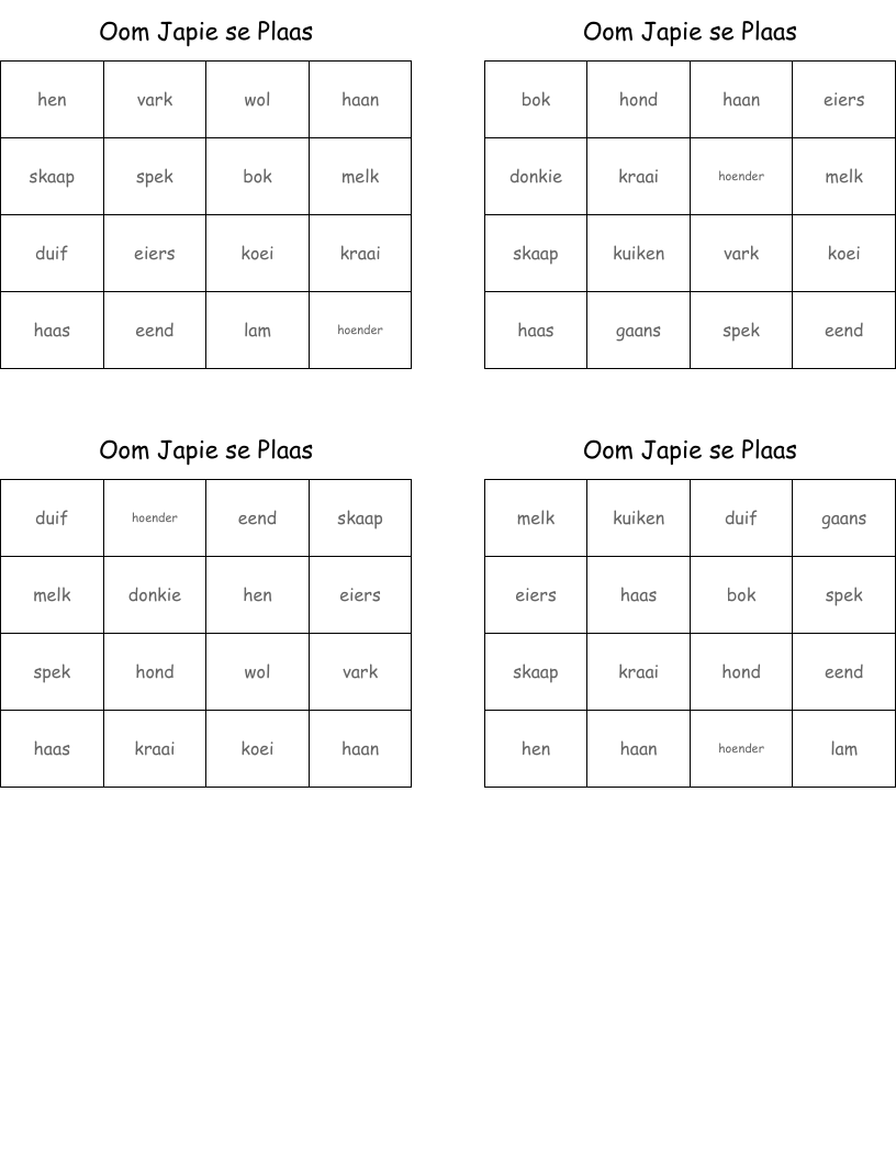 Oom Japie se Plaas Bingo Cards