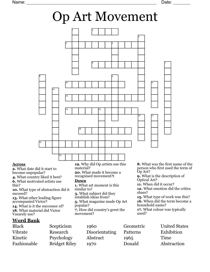 Op Art Movement Crossword