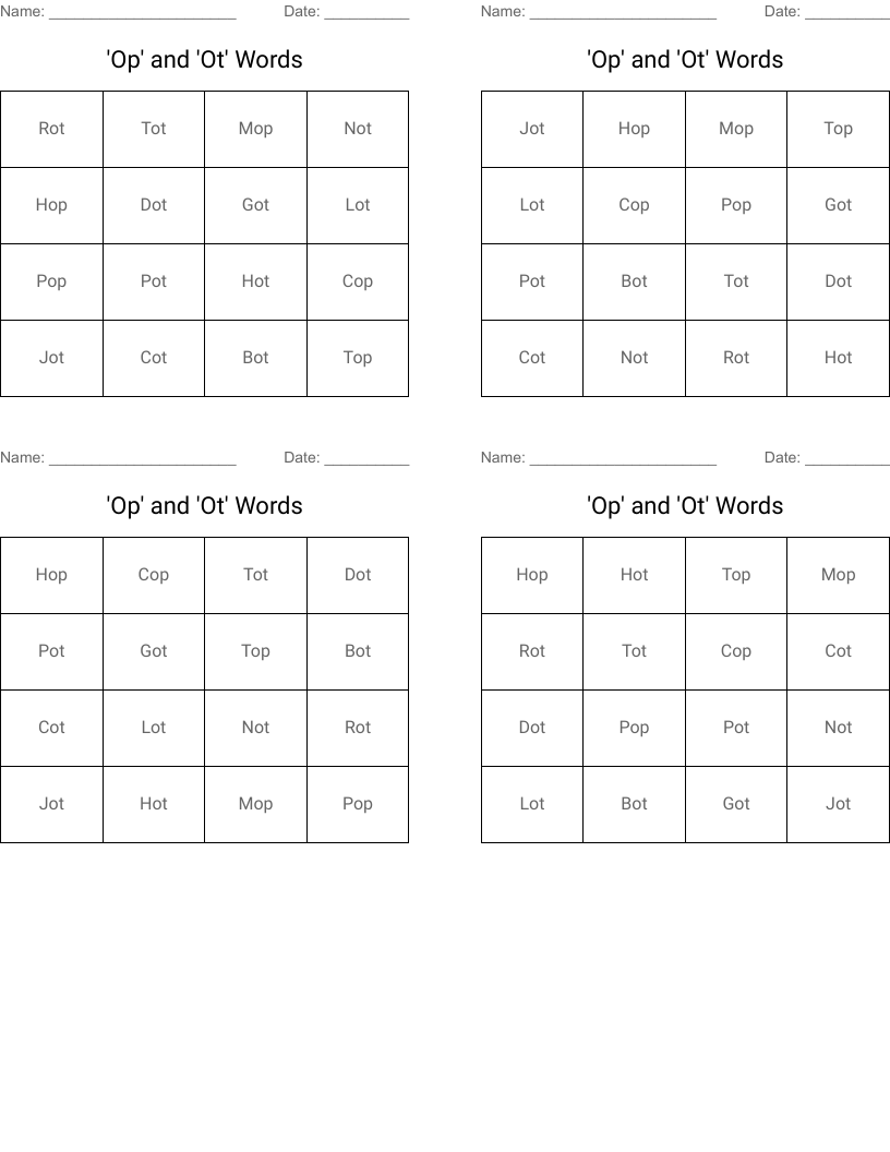'Op' and 'Ot' Words Bingo Cards