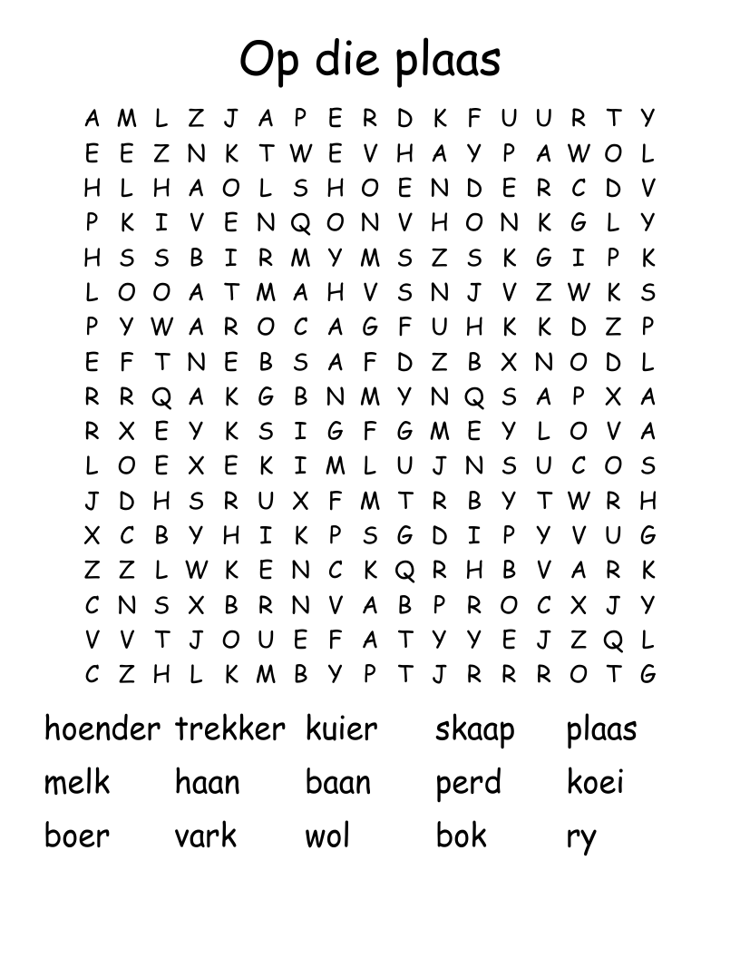 Op die plaas Word Search