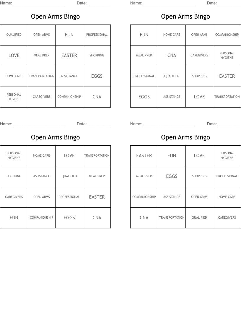 Open Arms Bingo