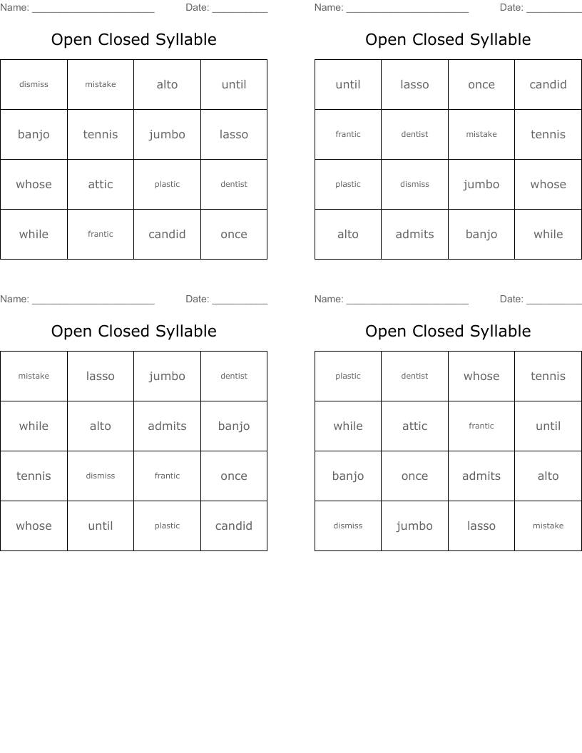 Open Closed Syllable  Bingo Cards
