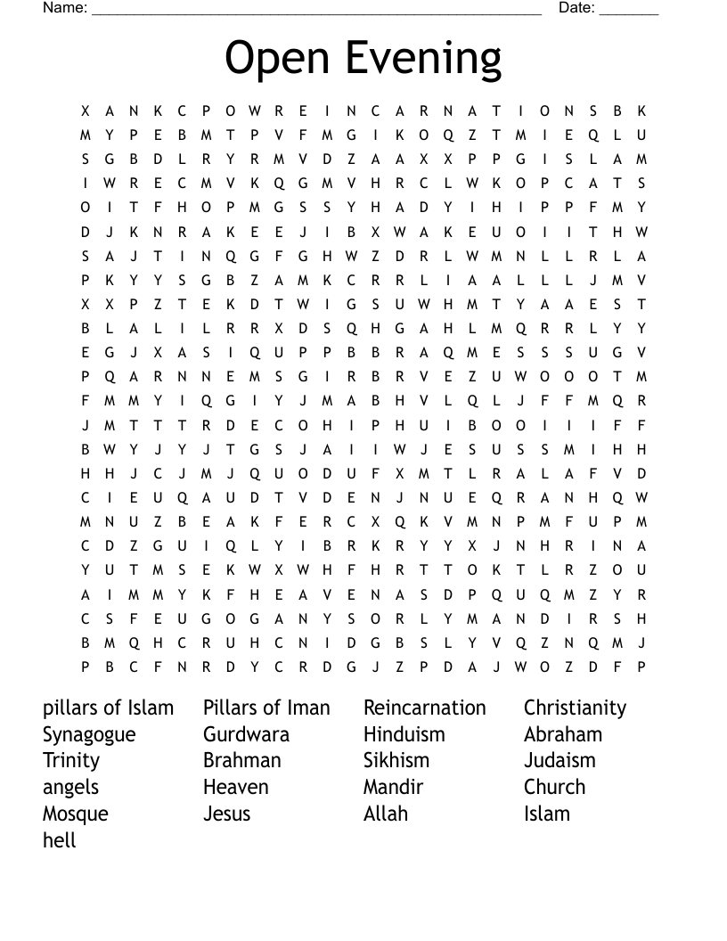 Open Evening Word Search